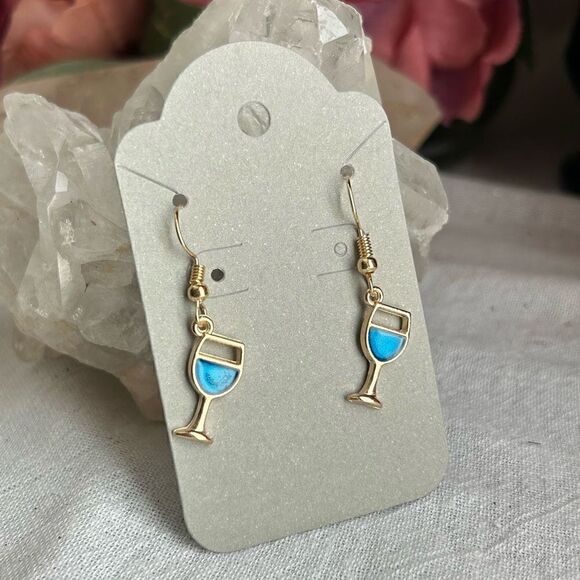 3/$15 Yellow Gold Blue Enamel Wineglass Dangle Earrings - Picture 1 of 4